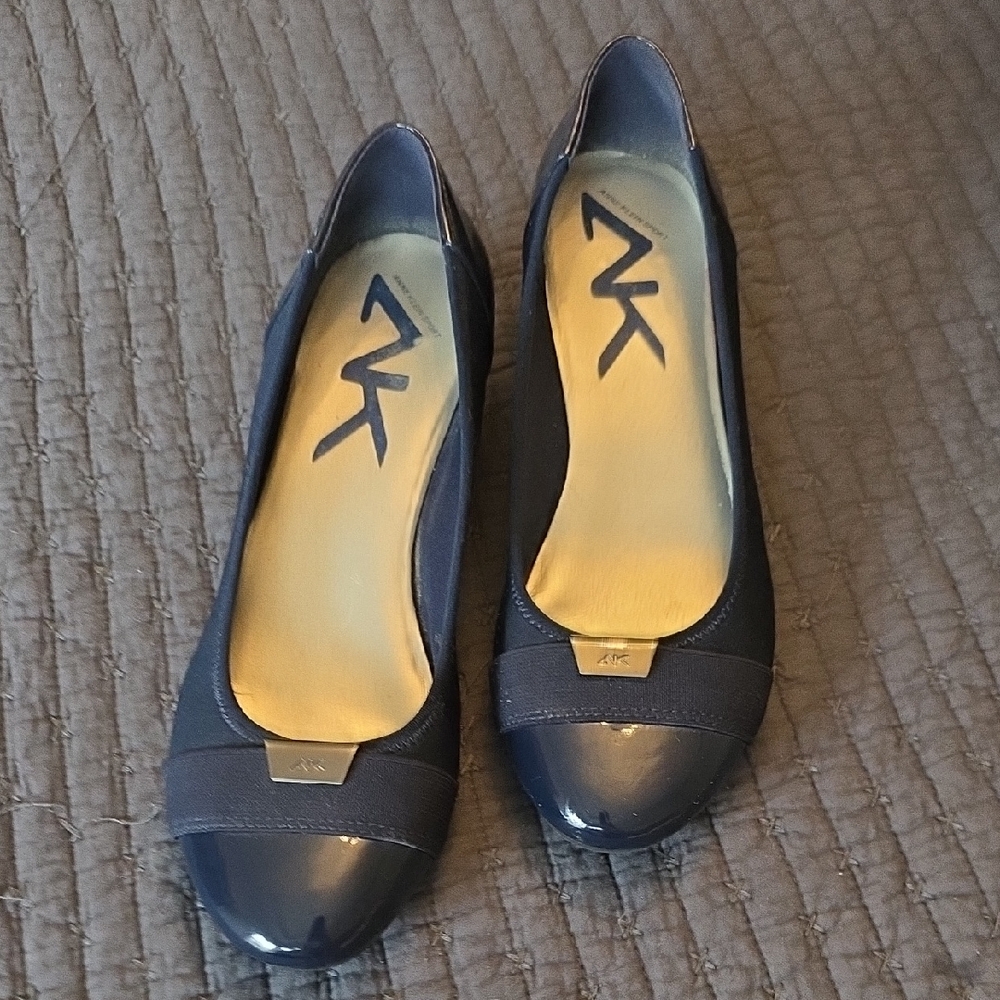 Anne Klein Navy Patent Cap Toe Flats with Logo Plaque